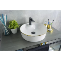 Раковина в ванную накладная 43 см CeramaLux D1306H011 белая с золотой каймой