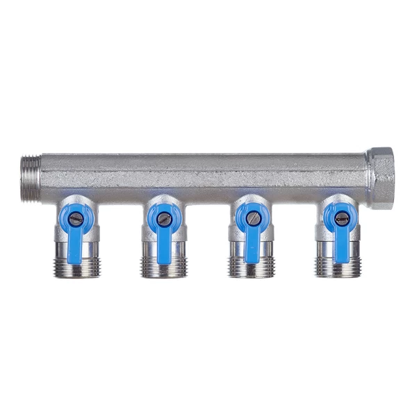 коллектор henco 3/4 вр(г) х 4 выхода 3/4 нр(ш) ек х 3/4 нр(ш) с шаровыми кранами, vb050504-blauw