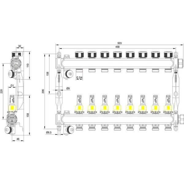 коллектор для теплого пола tece 1 вр(г) х 8 выходов 3/4 нр(ш) ек х 1 вр(г) с расходомерами, 77310008
