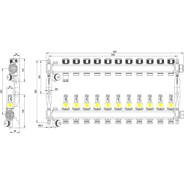 коллектор для теплого пола tece 1 вр(г) х 11 выходов 3/4 нр(ш) ек х 1 вр(г) с расходомерами, 77310011