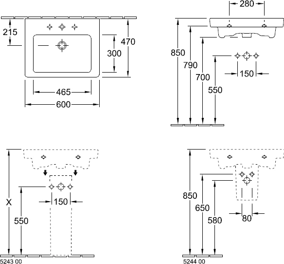 раковины villeroy & boch subway 2.0 71136001 полувстраиваемая, 60x47xh15см, альпийский белый