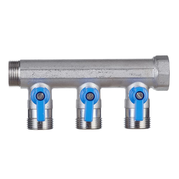 коллектор henco 3/4 вр(г) х 3 выхода 3/4 нр(ш) ек х 3/4 нр(ш) с шаровыми кранами, vb050503-blauw