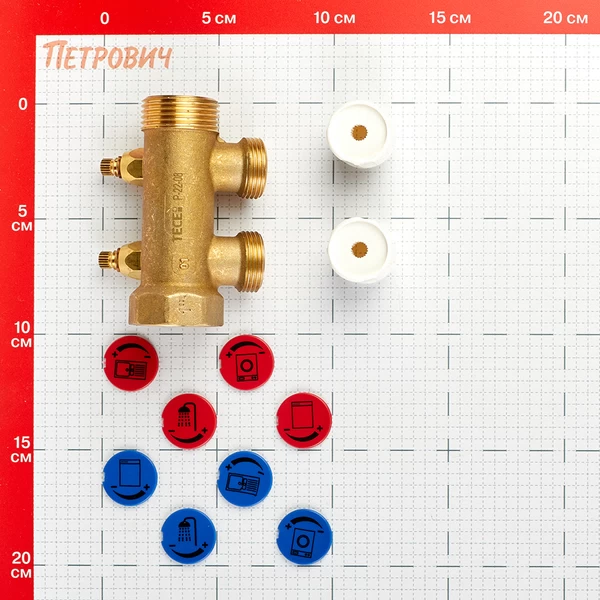 коллектор tece 1 вр(г) х 2 выхода 3/4 нр(ш) ек х 1 нр(ш) с запорными вентилями, 8730010