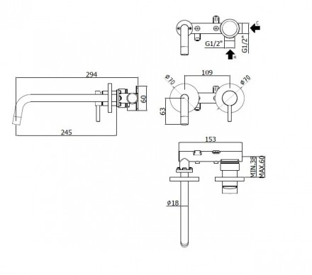 смеситель paffoni light lig103no70 для раковины, без донного клапана, встраиваемый, с внутренней частью, излив 24.5 см, черный матовый