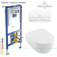 Комплект Villeroy & Boch AVENTO 5656HR01 + 92246100 + 92249068: Унитаз подвесной, Сиденье, Инсталляция, Клавиша белая