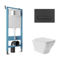 Комплект Aqueduto AQDS165 Унитаз подвесной Esteta безободковый, с микролифтом + Система инсталляции для унитазов Tecnica Novo + Кнопка смыва Retangulo черная матовая