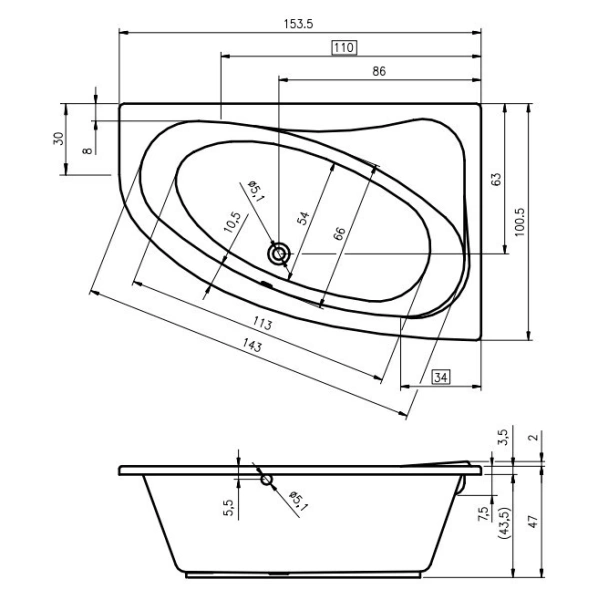 акриловая ванна riho lyra 153x100 b022001005 (ba6800500000000) l без гидромассажа