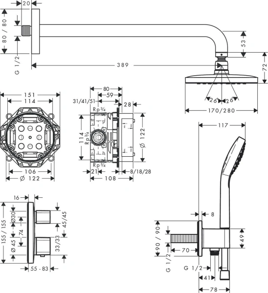душевой комплект hansgrohe croma e 280 1jet 27953000